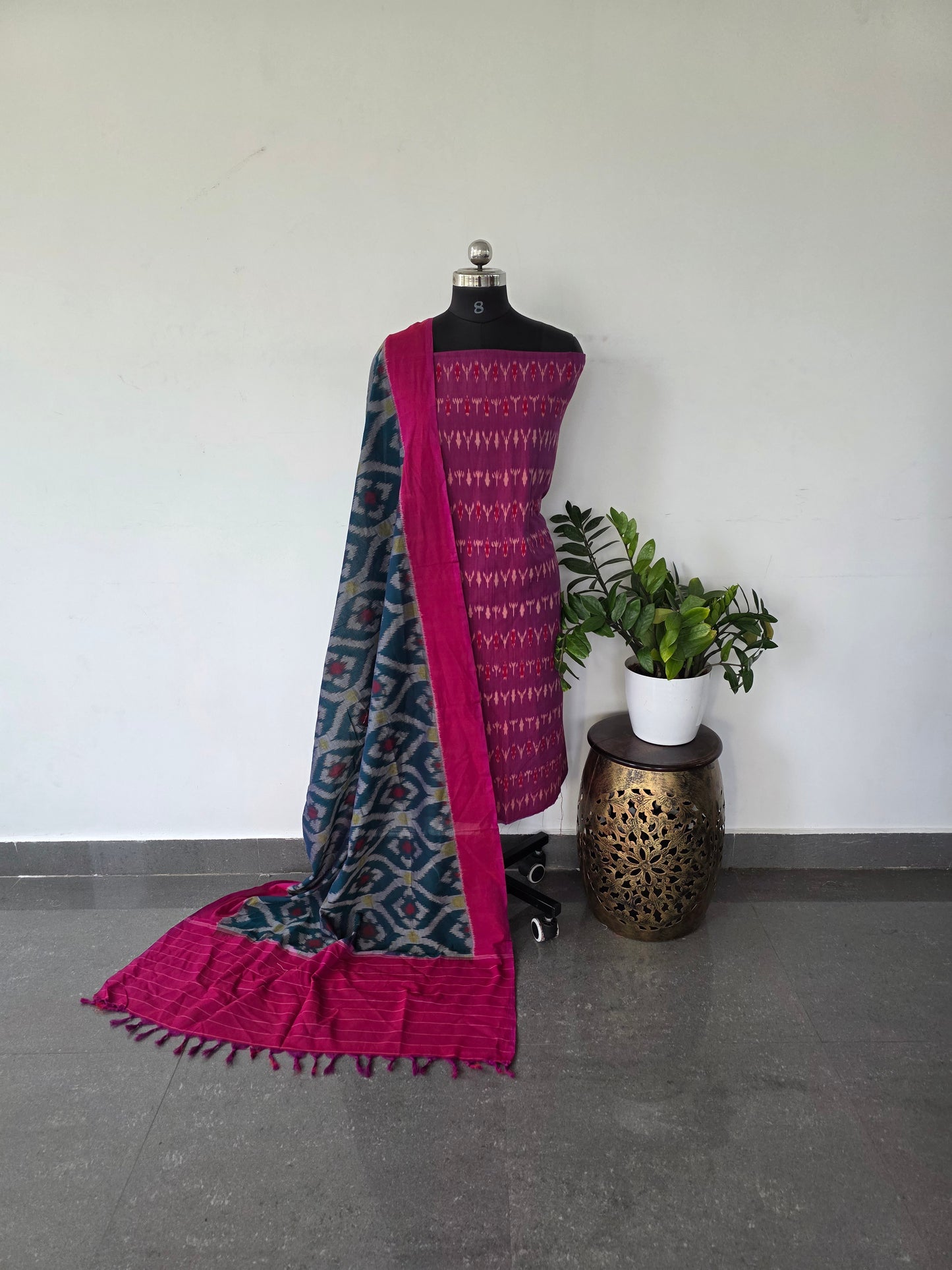 Mercerised ikkat cotton top with double ikkat cotton shawl - MI14