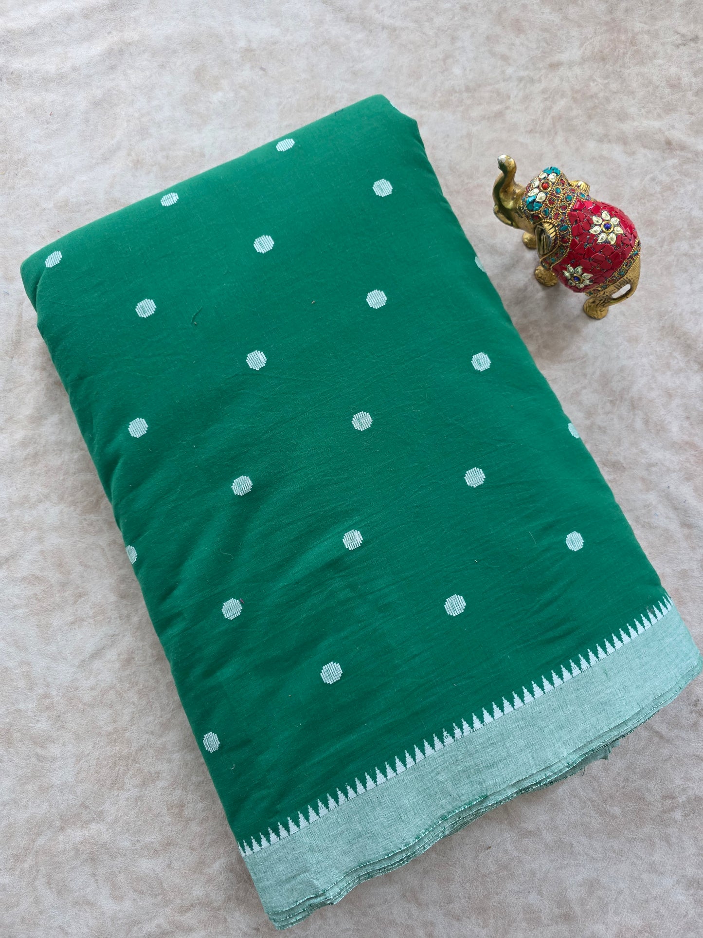 Pure handloom cotton with polka dots with temple border running material  ( 2.50 mtrs) - green