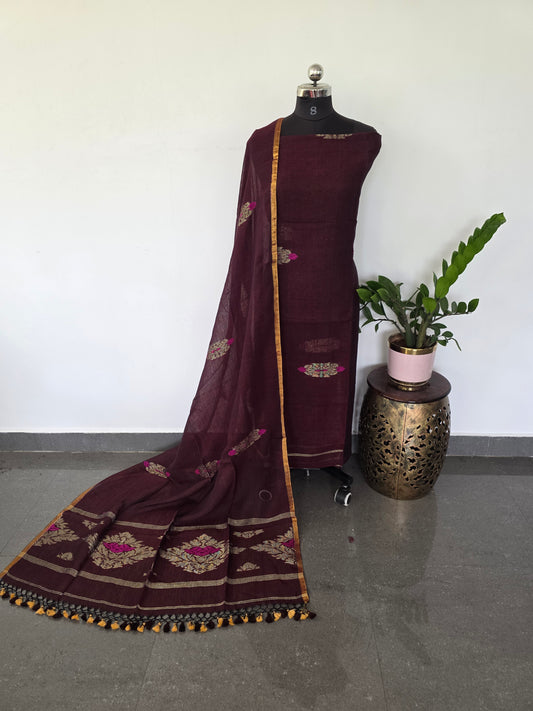 Premium handloom linen jamdhani set (brown) - JMM75