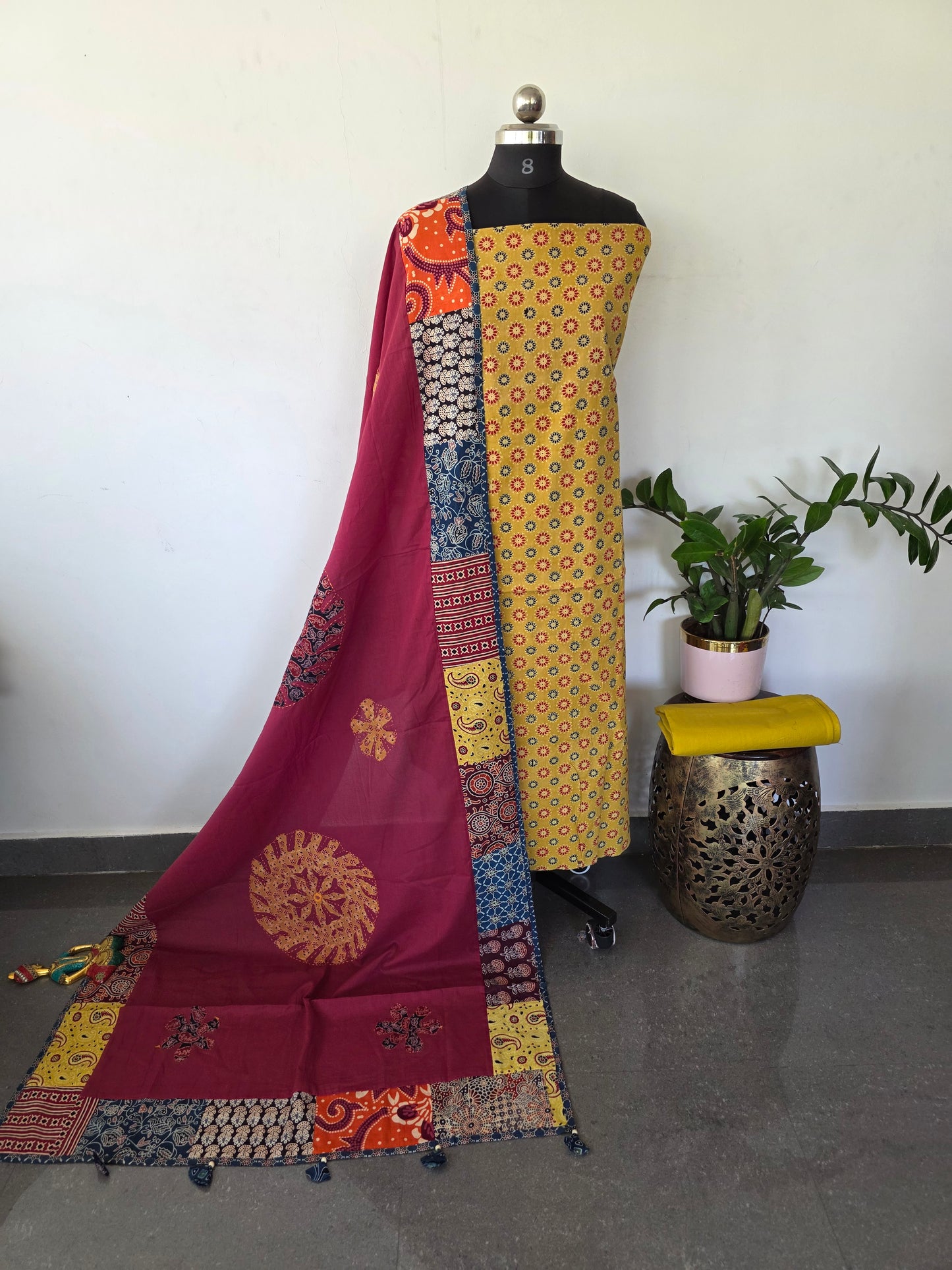 Handcrafted ajrakh cotton top with applique cotton shawl - BAA23