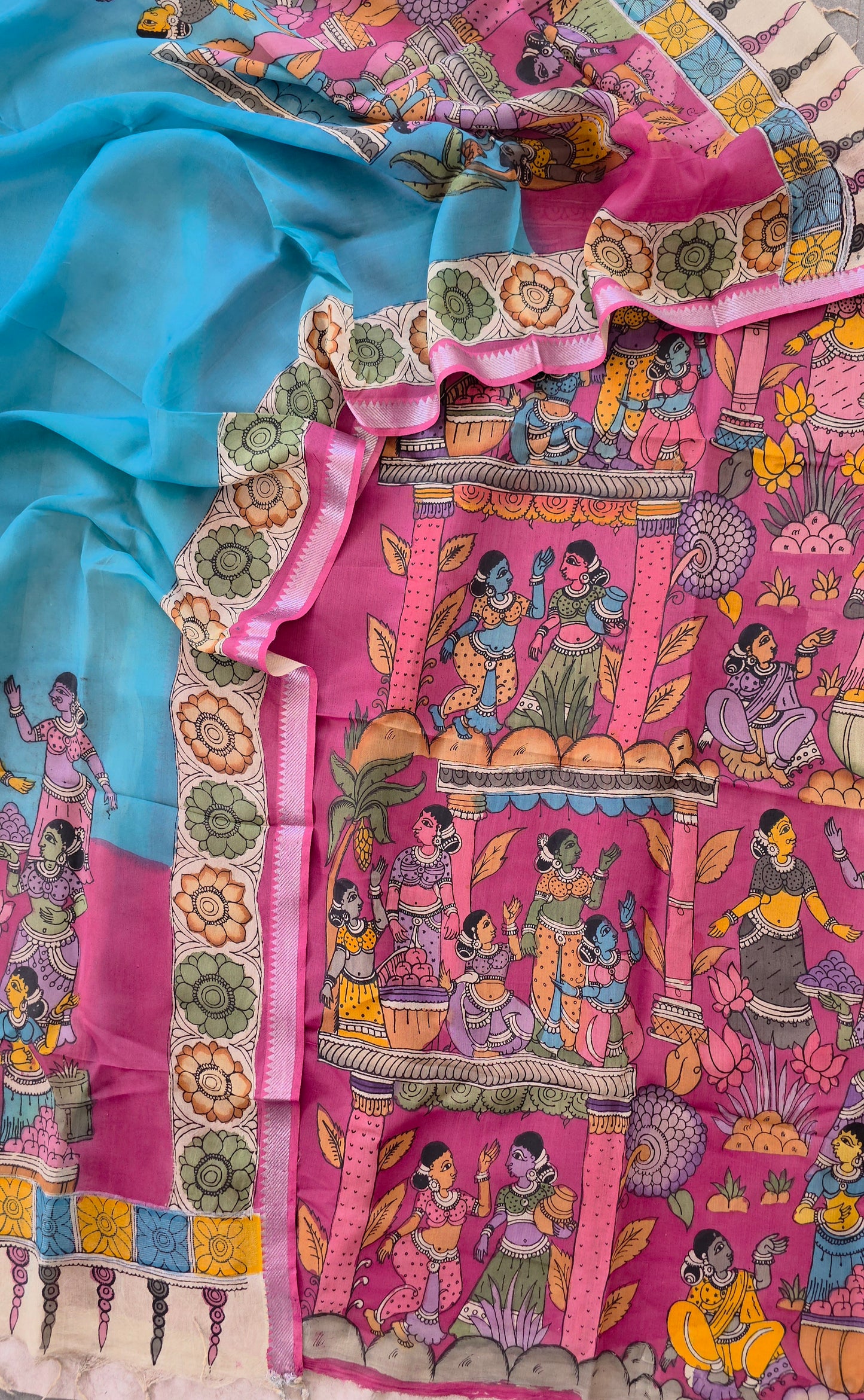 Handcrafted Kalahasthi Penkalamkari bangalore silk set - KH21