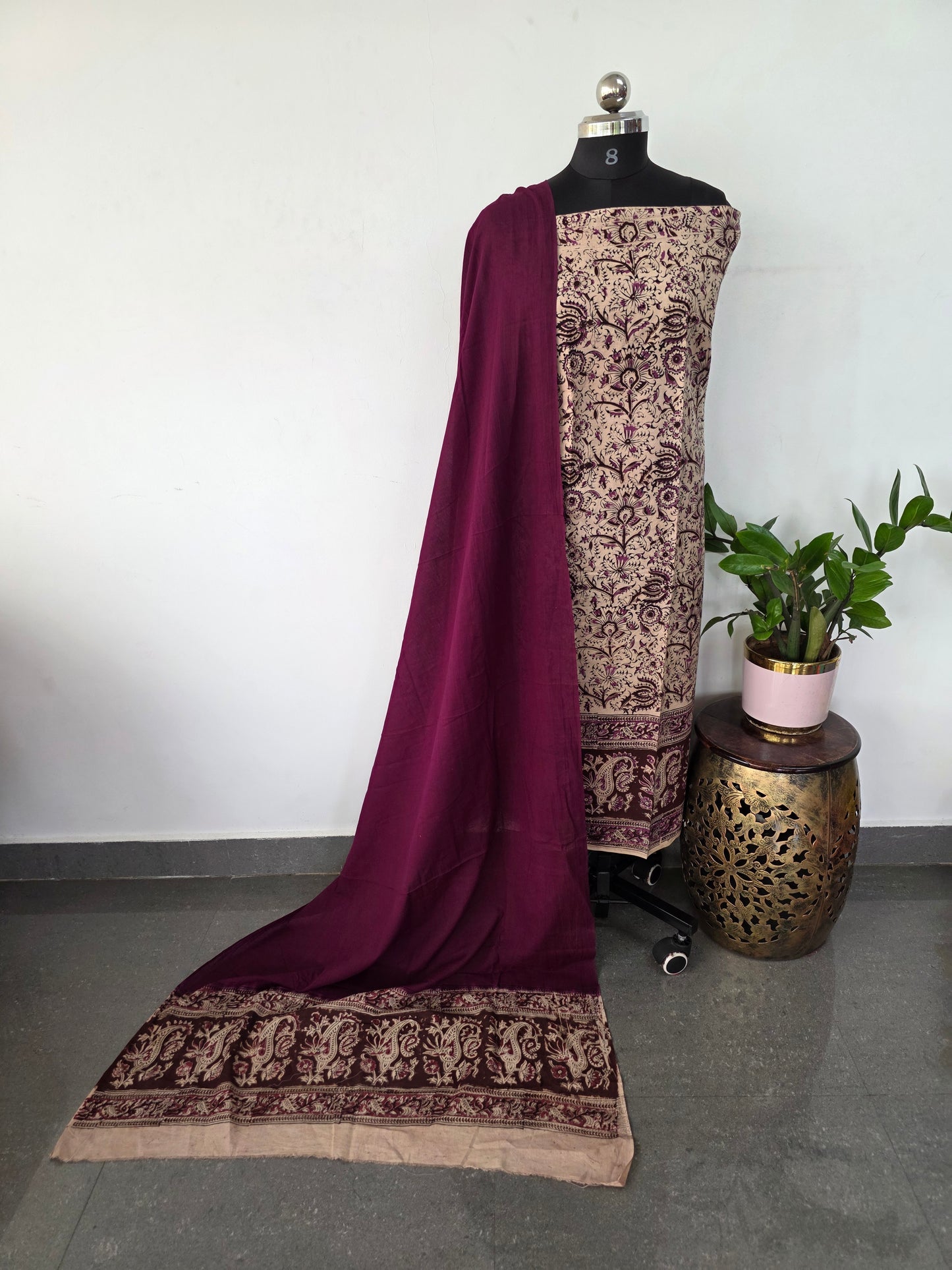 Handblock pure kalamkari cotton with border ( 2 pc set )- AK288