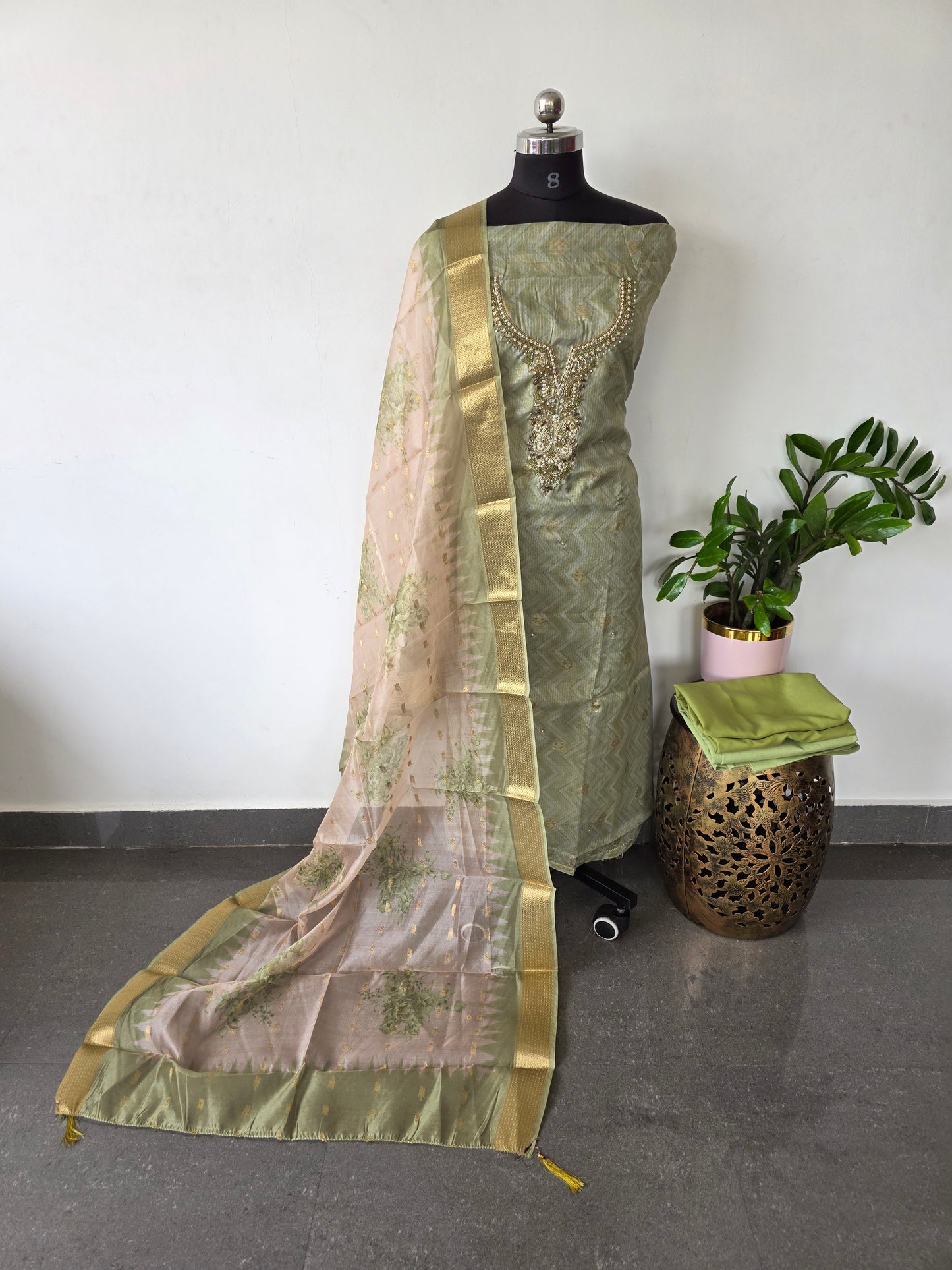 Premium Kota with embroidery neck work set - CLA313