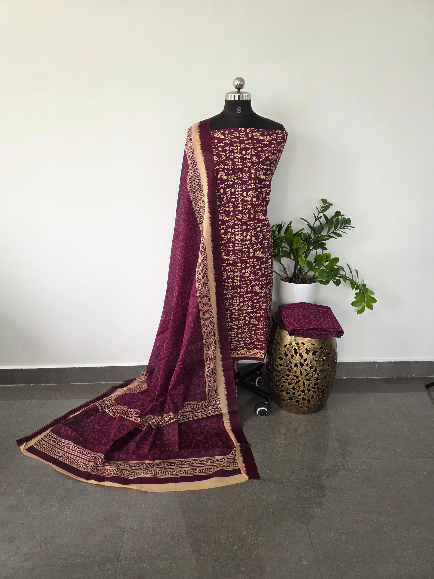 Warli cotton salwar set - wine 4