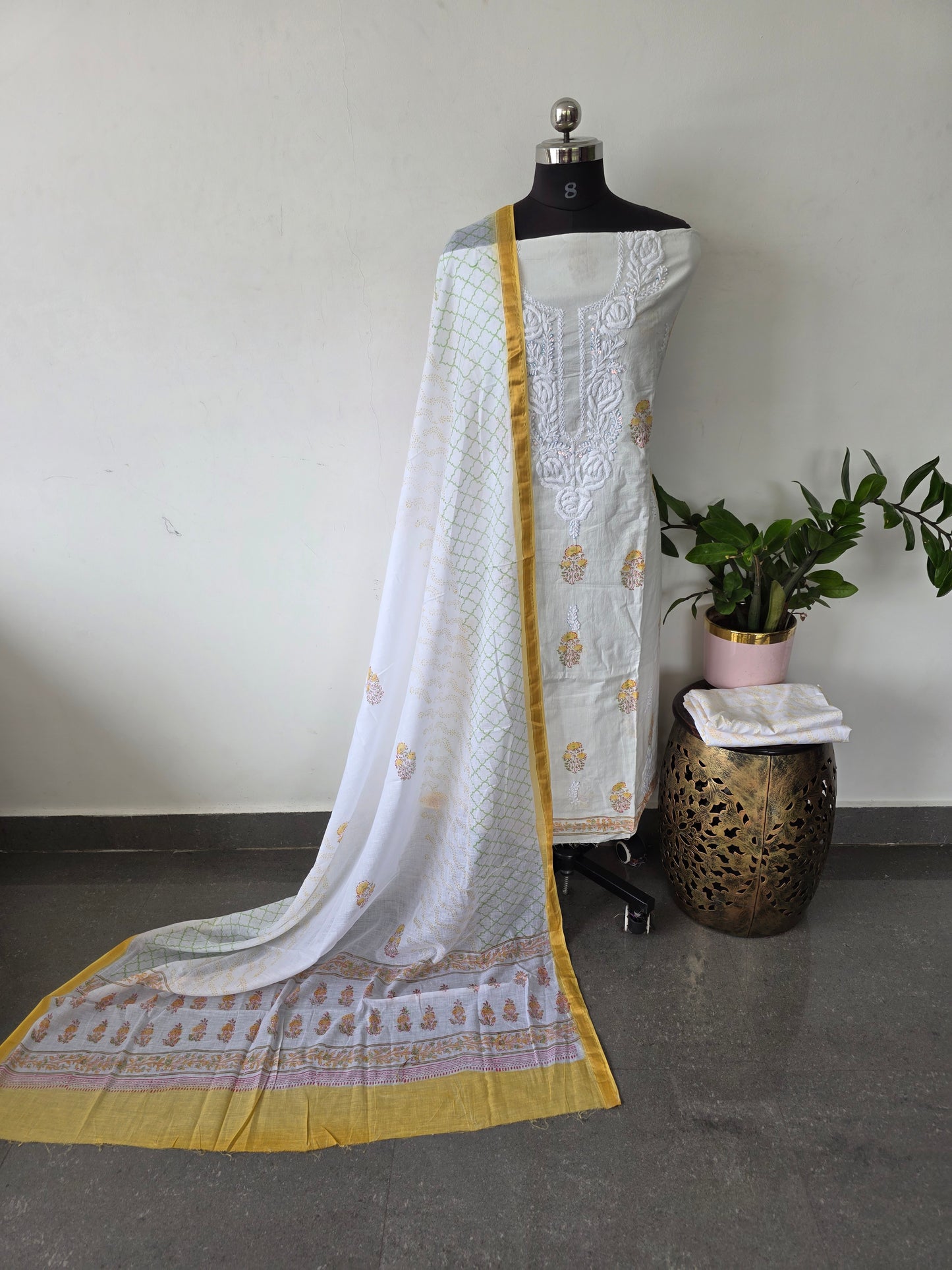 Chikankari handembroidery block printed soft cotton set - AS108