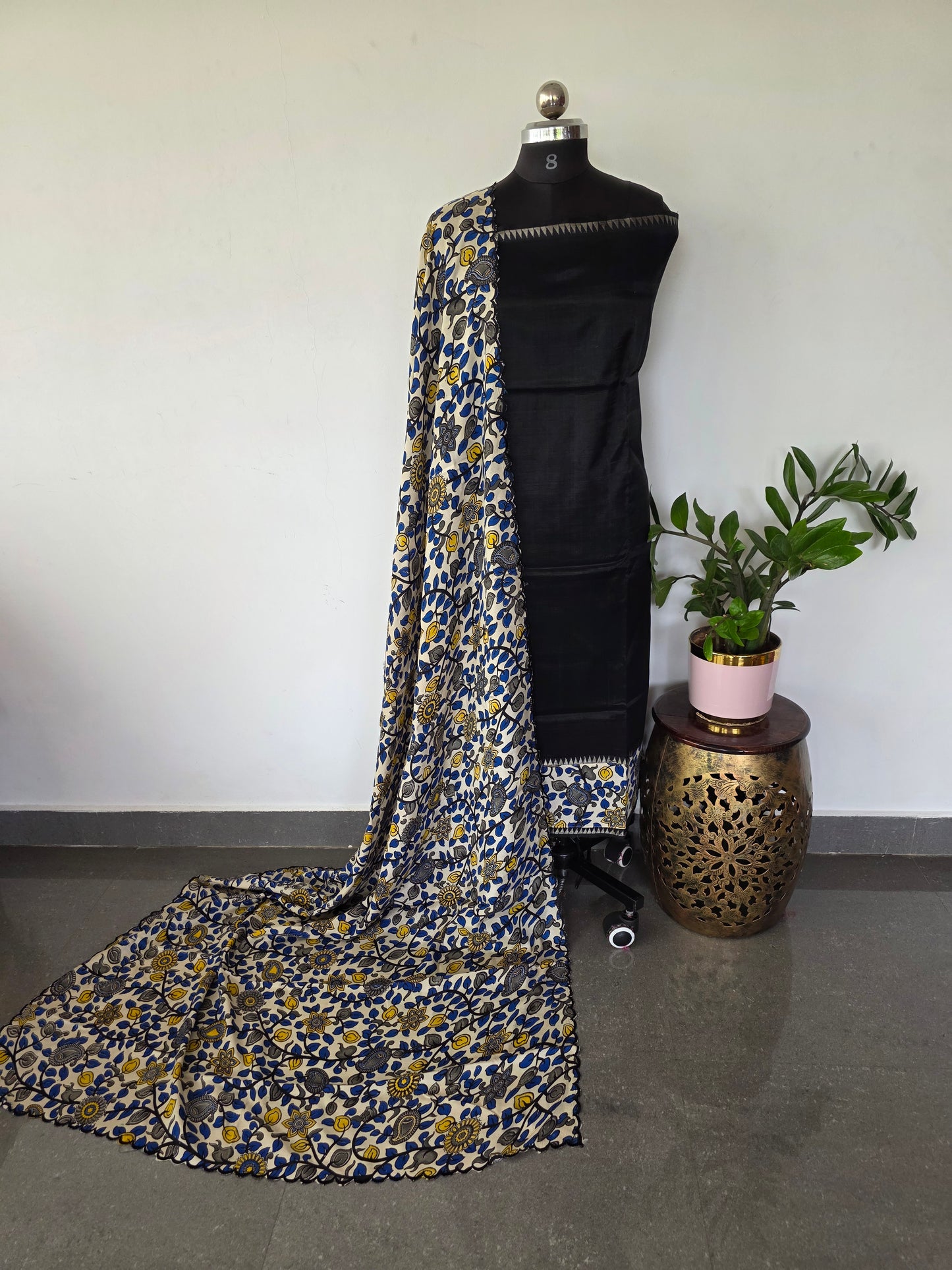 Handloom fusion mangalagiri  kalamkari gap border  silk salwar set - AK283