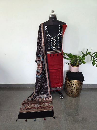Handcrafted ajrakh kutch handwork mirror mashru silk set - HZ159