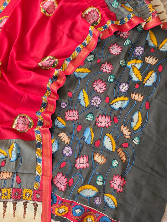 Handcrafted Kalahasthi Penkalamkari bangalore silk set- HP15