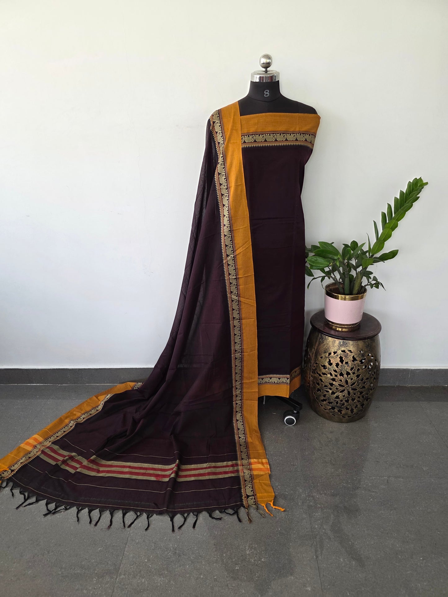 Mercerised narayanapet salwar set with elephant border (4.5 meters)- NA51 (brown)