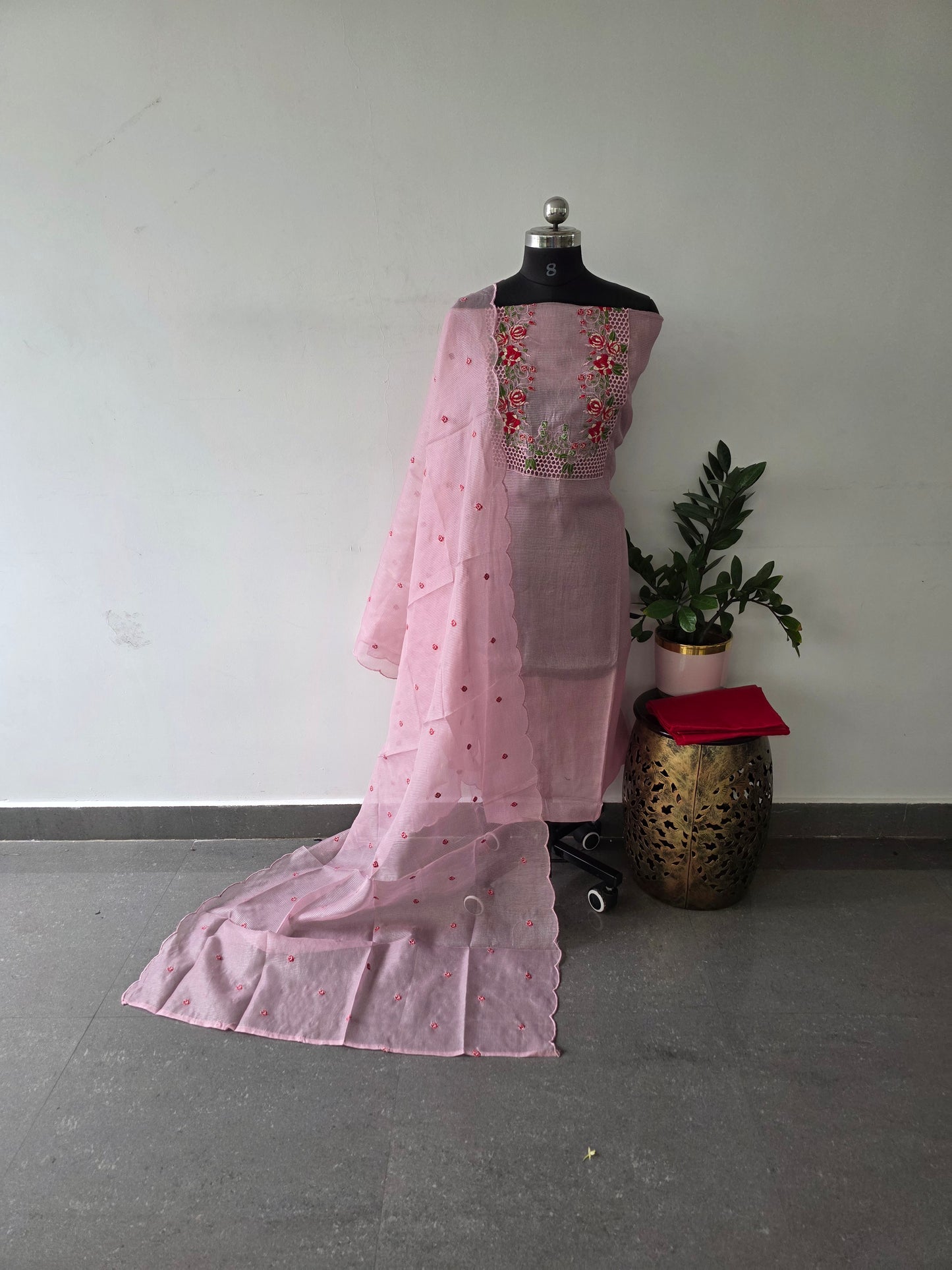 Fancy organza checks set with embroidery and cut work - 1