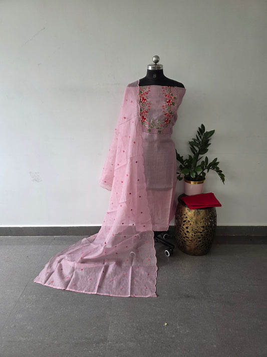 Fancy organza checks set with embroidery and cut work - 1