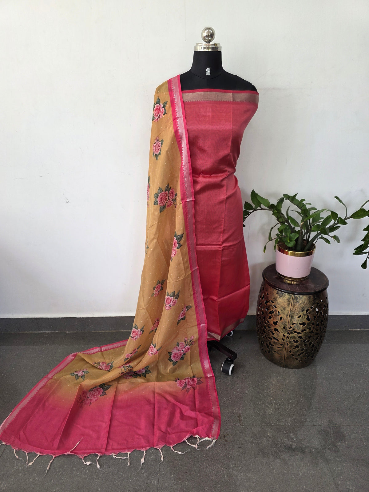 Handloom Mangalagiri silk top with digital mangalagiri silk shawl -RV210
