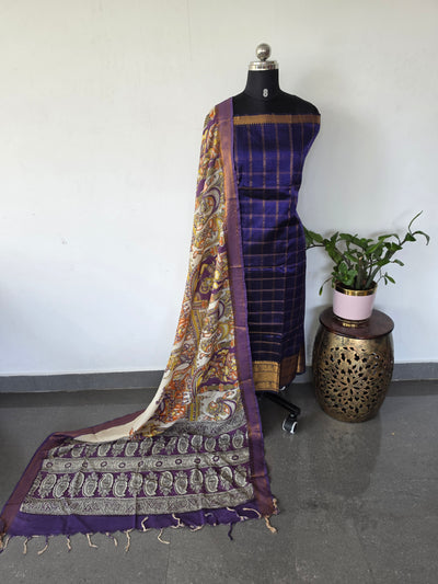 Handloom checked mangalagiri pattu top with chennuri kalamkari duppatta -AK605
