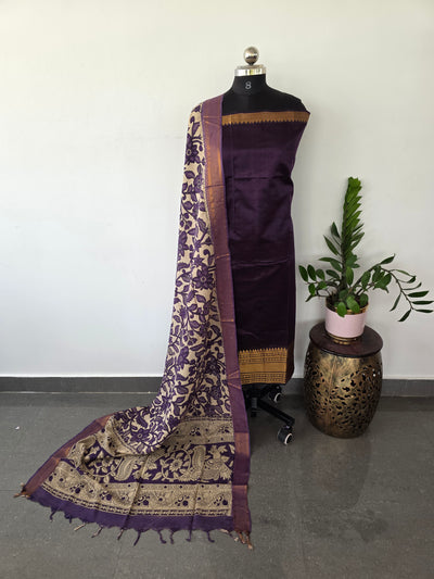 Handloom Mangalagiri silk kanchi border top with chennuri silk kalamkari shawl - AK95