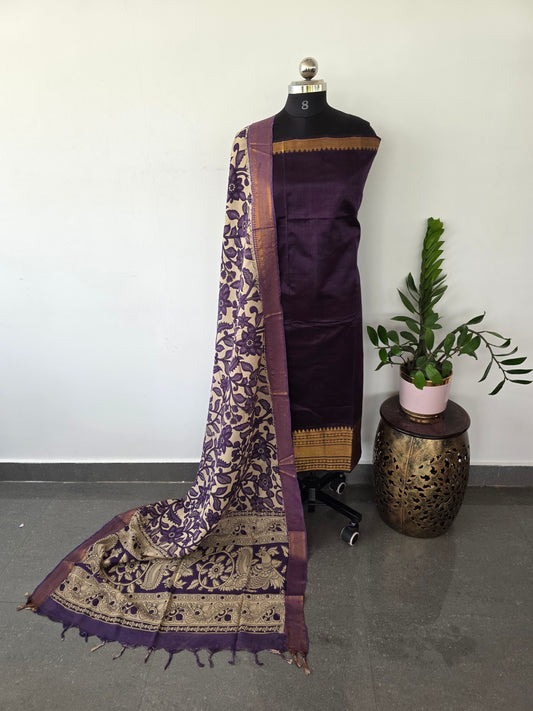 Handloom Mangalagiri silk kanchi border top with chennuri silk kalamkari shawl  - AK95