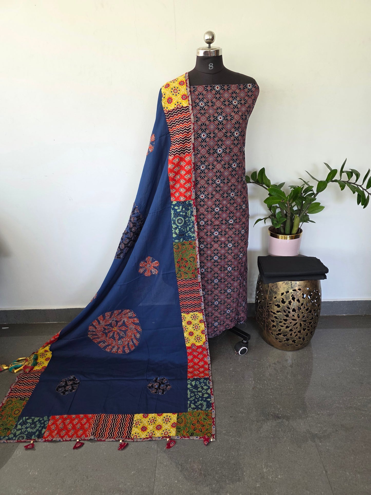 Handcrafted ajrakh cotton top with applique cotton shawl - BAA24