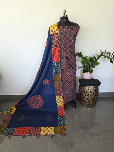 Handcrafted ajrakh cotton top with applique cotton shawl - BAA24
