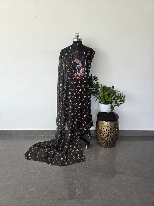 Satin bandhini cotton set with chiffon shawl-DS146