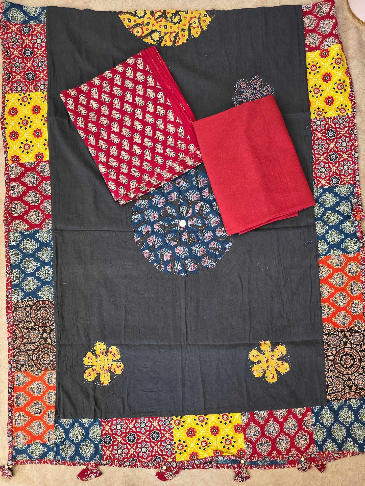 Handcrafted ajrakh cotton top with applique cotton shawl - BAA36