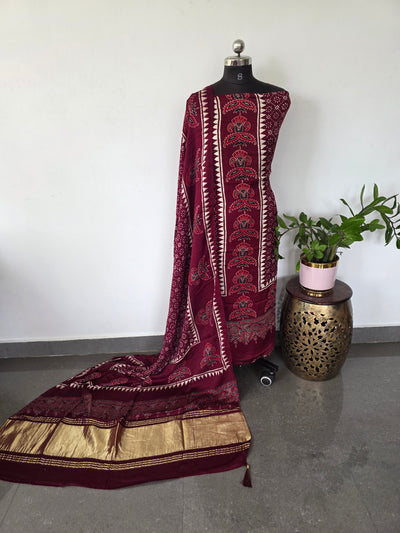 Handcrafted ajrakh modal silk with lagdi patta shawl set - HZ142