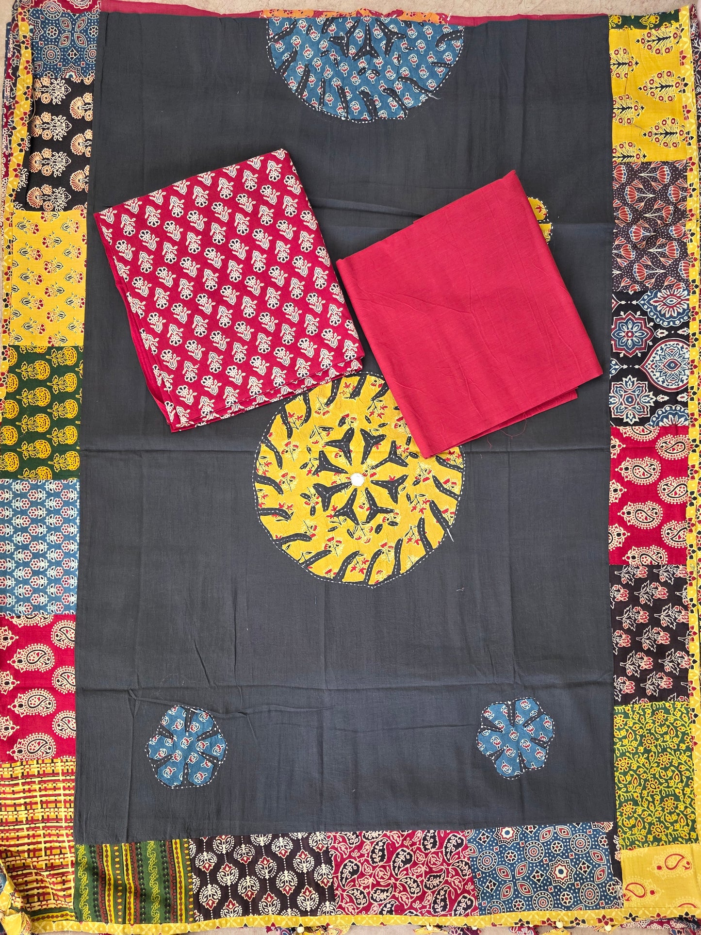 Handcrafted ajrakh cotton top with applique cotton shawl - BAA29