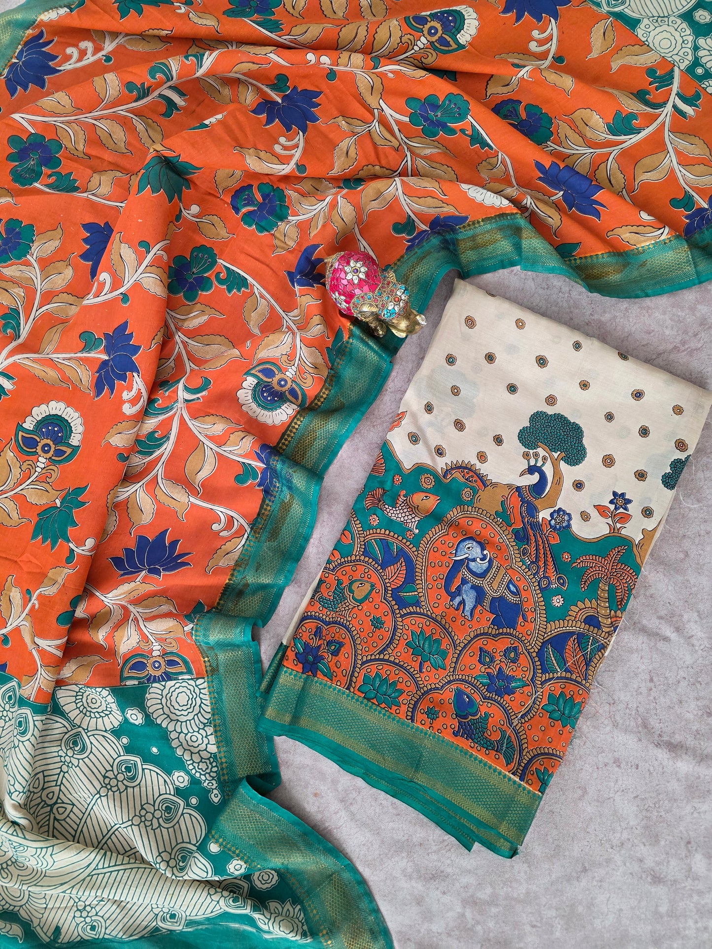 Kalamkari katha - Chennuri pure kalamkari silk set - AK381