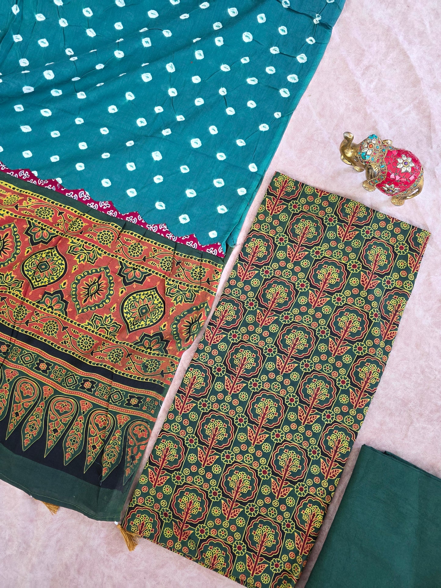 Handcrafted ajrakh cotton top with pure bandhani cotton shawl - BAA17