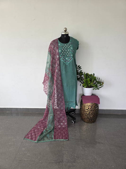 Embroidery muslin silk set with organza silk shawl - 163