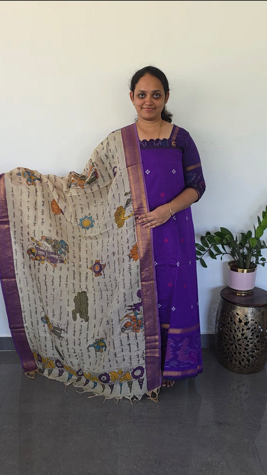 Pochampally Sico top with ramayana script penkalamkari silk shawl- SP7