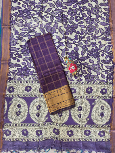 Handloom checked mangalagiri pattu top with chennuri kalamkari duppatta -AK615