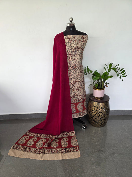 Handblock pure kalamkari cotton with border ( 2 pc set )- AK195