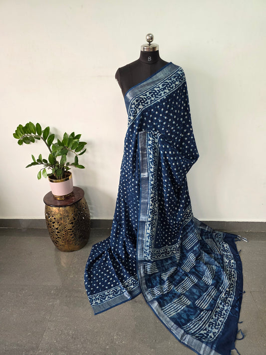 Handblock Jaipuri linen cotton saree - JA832