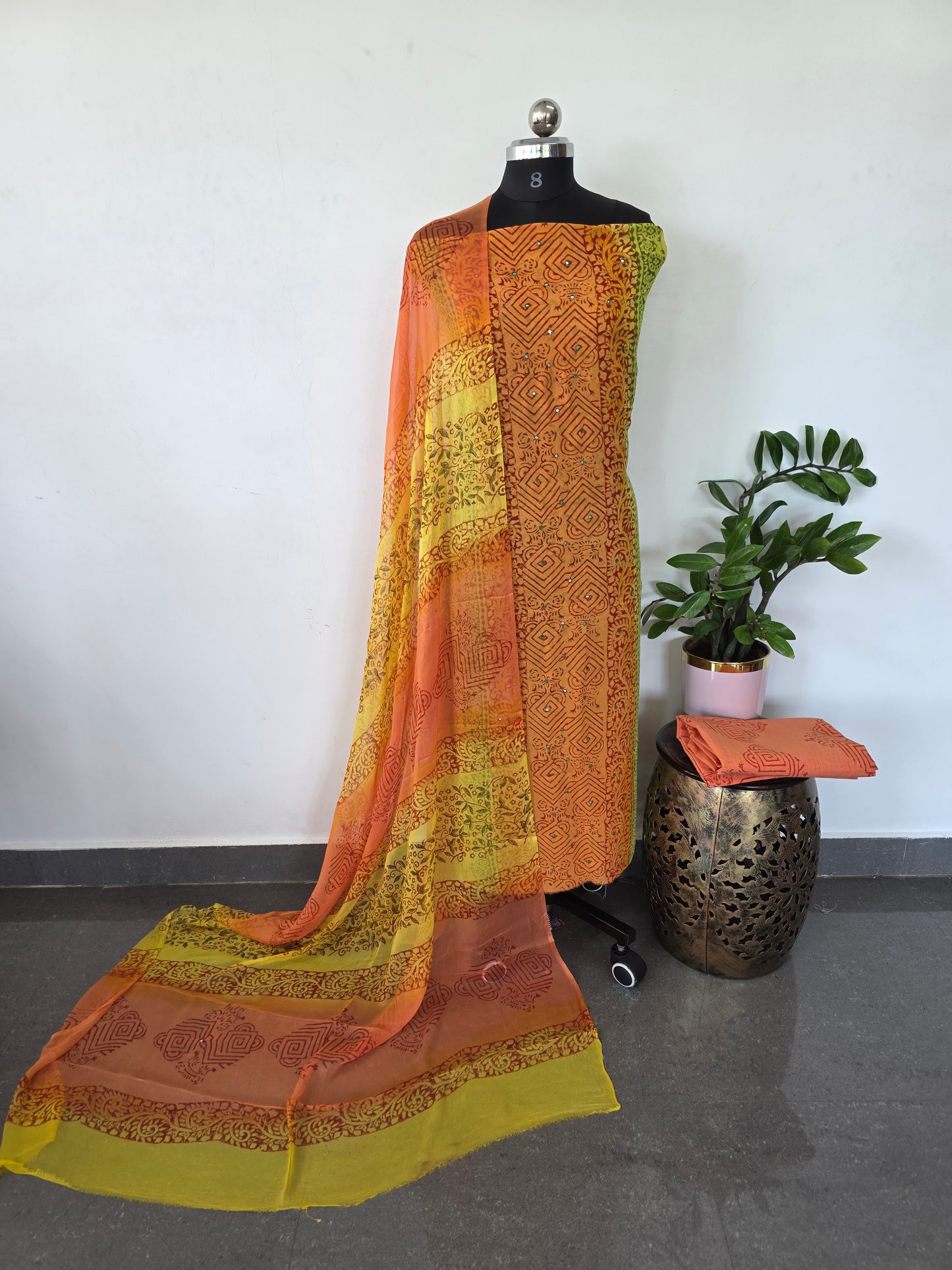 Handblock georgette salwar set with handwork mirror work- GE160