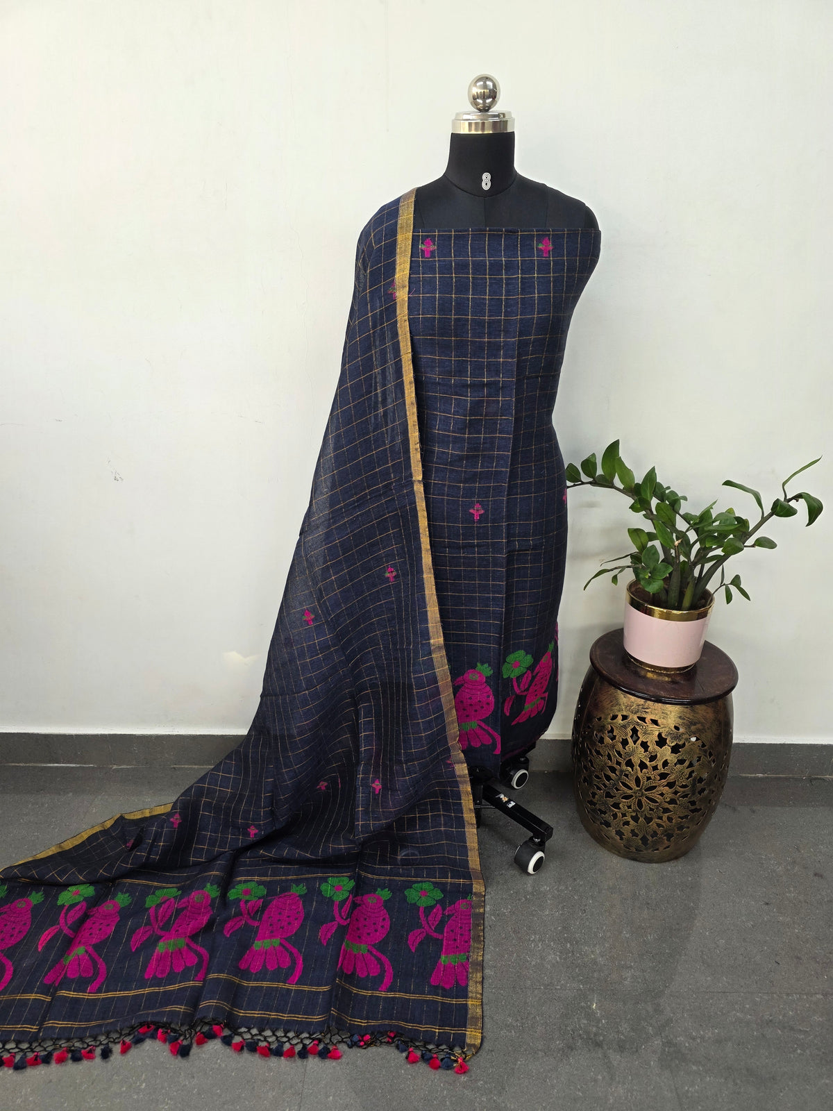 Premium checked handloom linen jamdhani set (blue)-JMM525