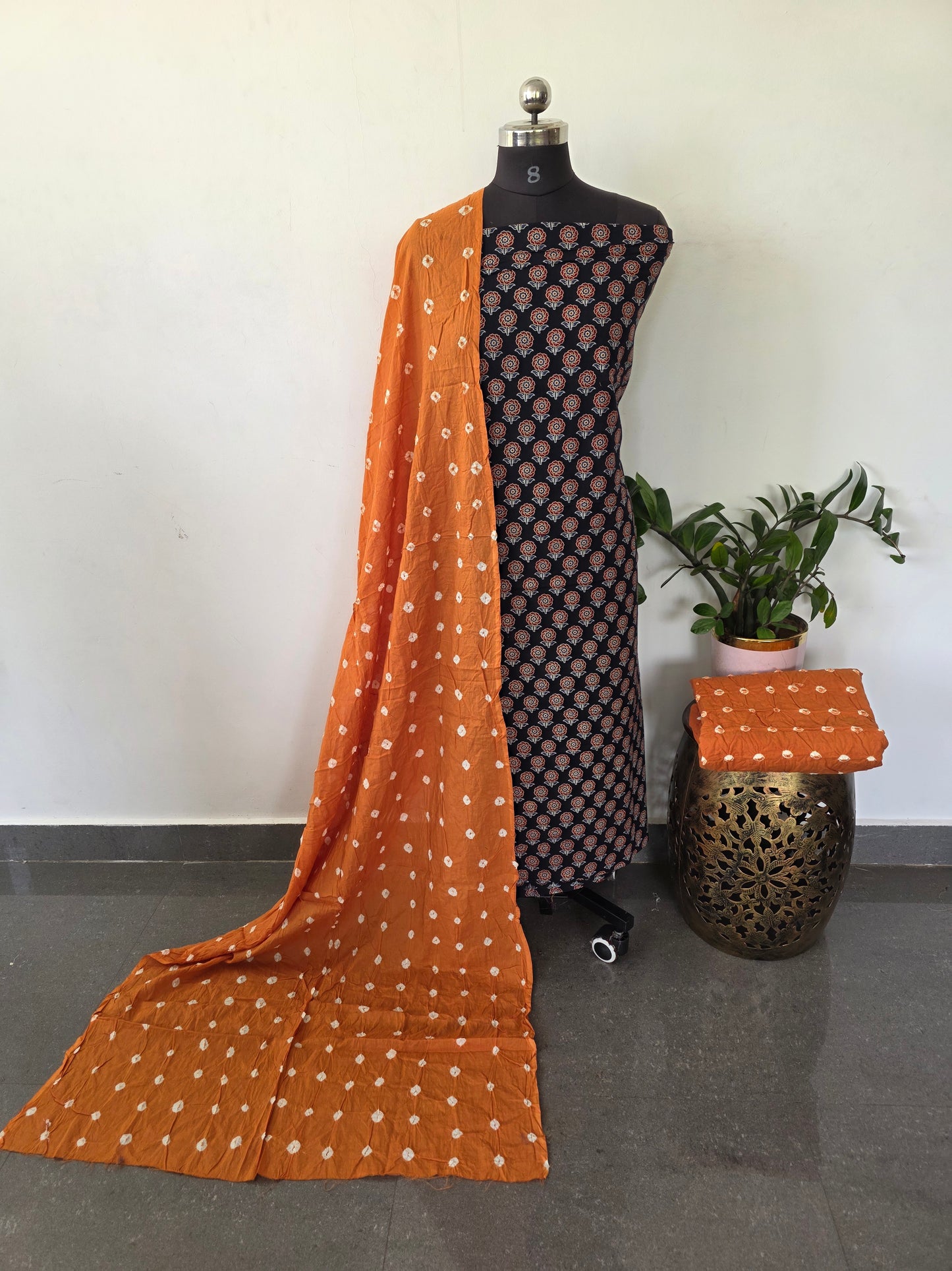 Handcrafted ajrakh cotton set with bandhini duppatta- BAA107