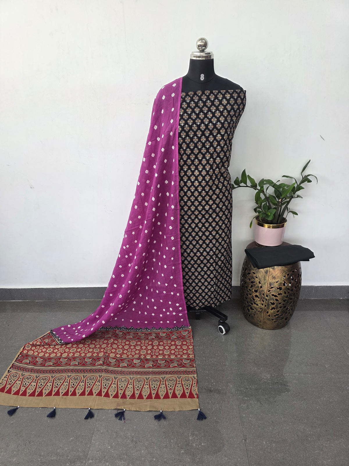 Handcrafted ajrakh cotton set with bandhini duppatta(Black)-HZ359