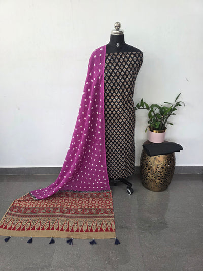 Handcrafted ajrakh cotton set with bandhini duppatta(Black)-HZ359