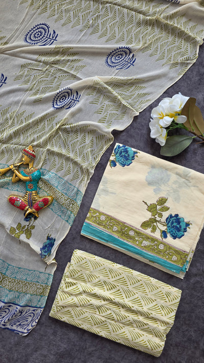 Handblock Jaipuri pure cotton with chiffon shawl - JX61
