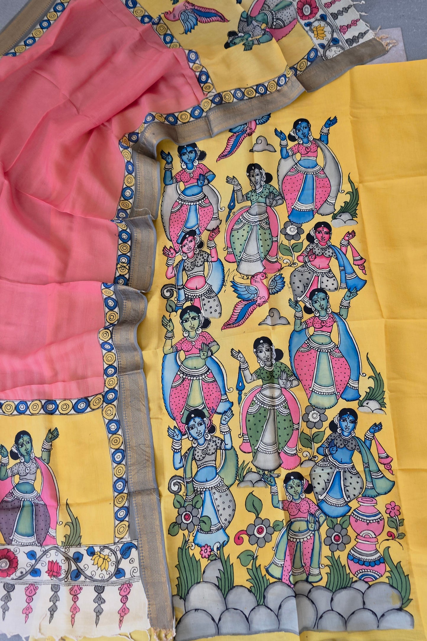 Handcrafted Kalahasthi Penkalamkari bangalore silk set - KH82