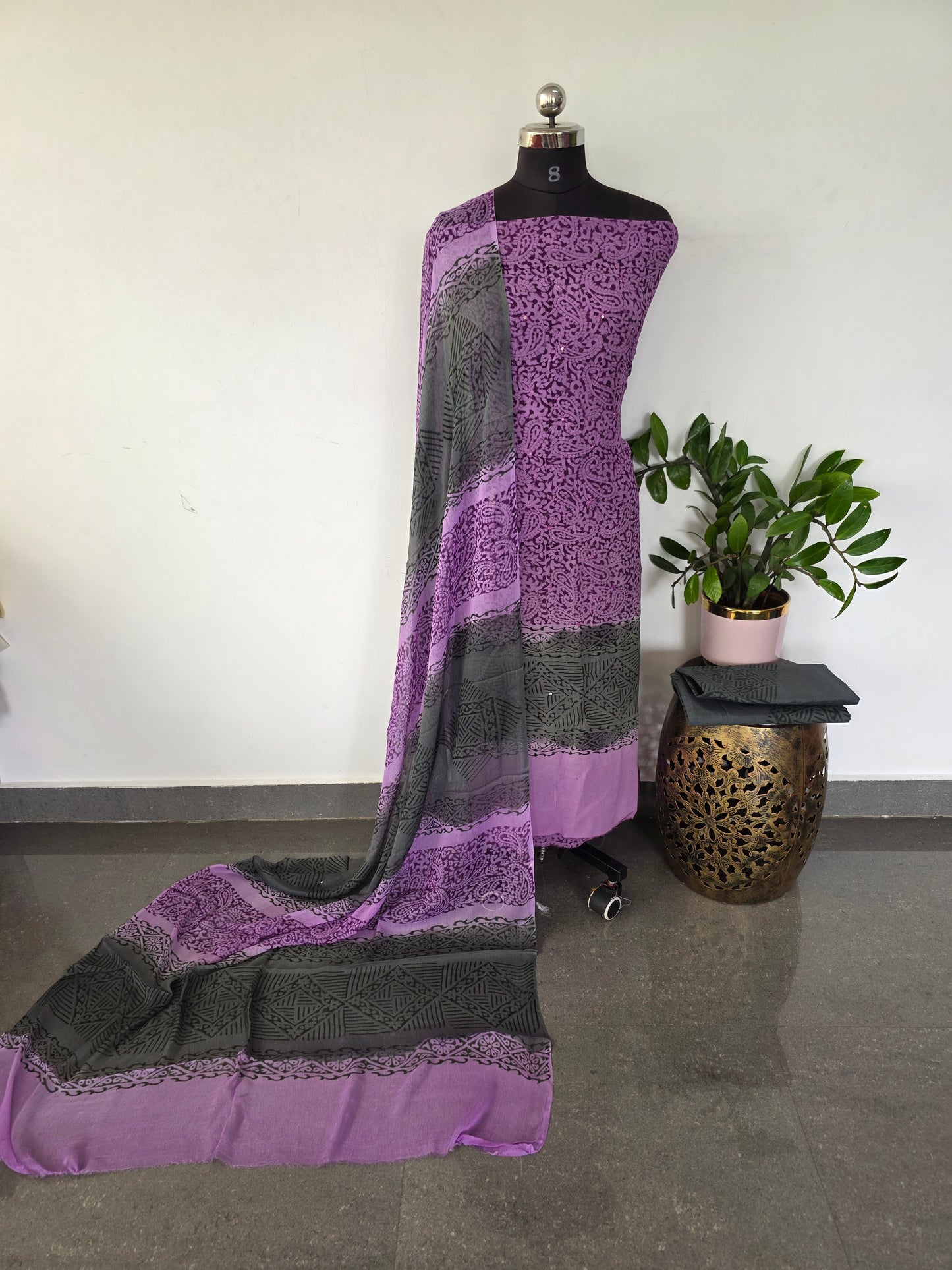Handblock georgette salwar set with handwork mirror work- GE207