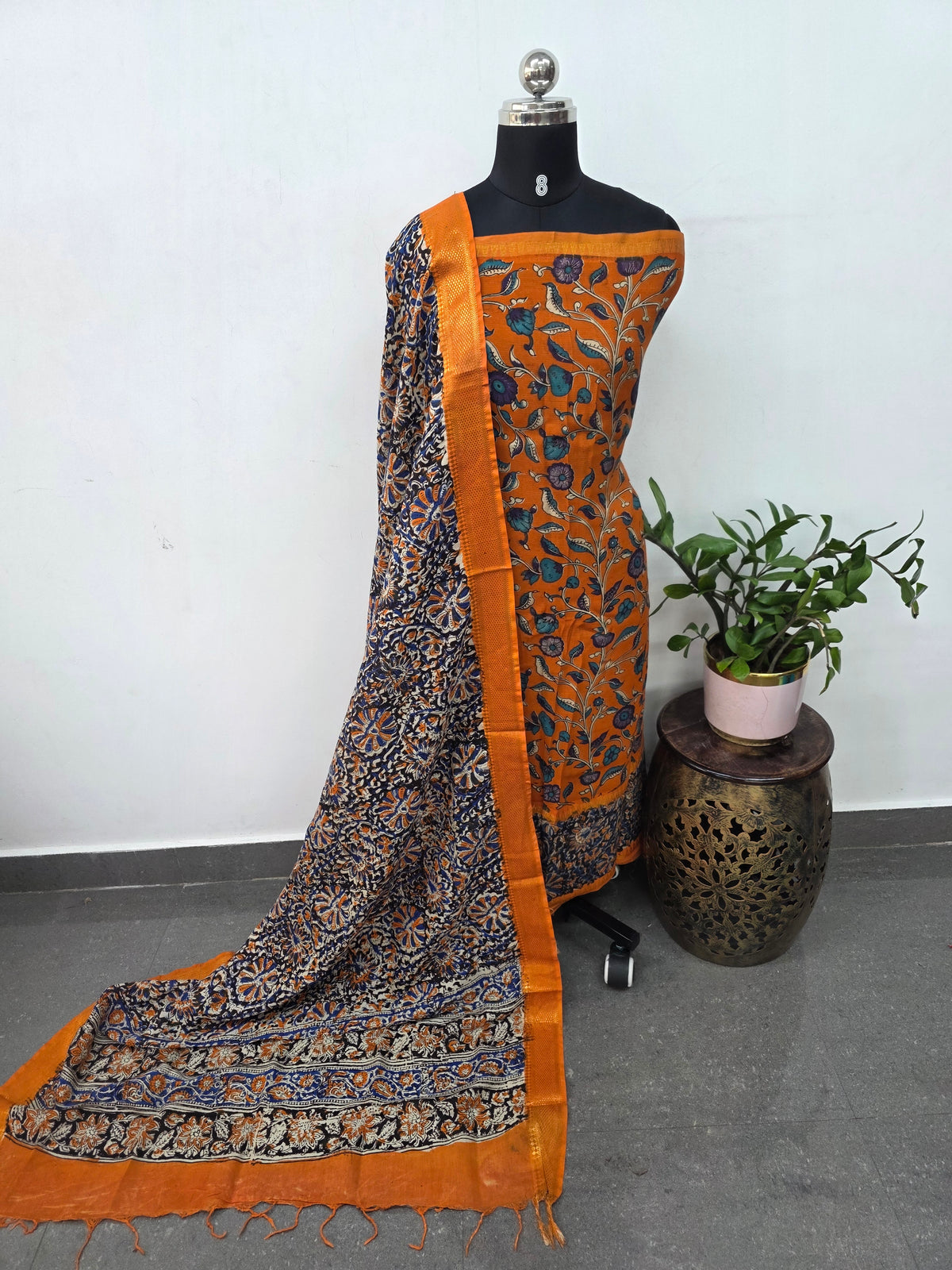 Mangalagiri kalamkari fusion gap border silk set-AK559