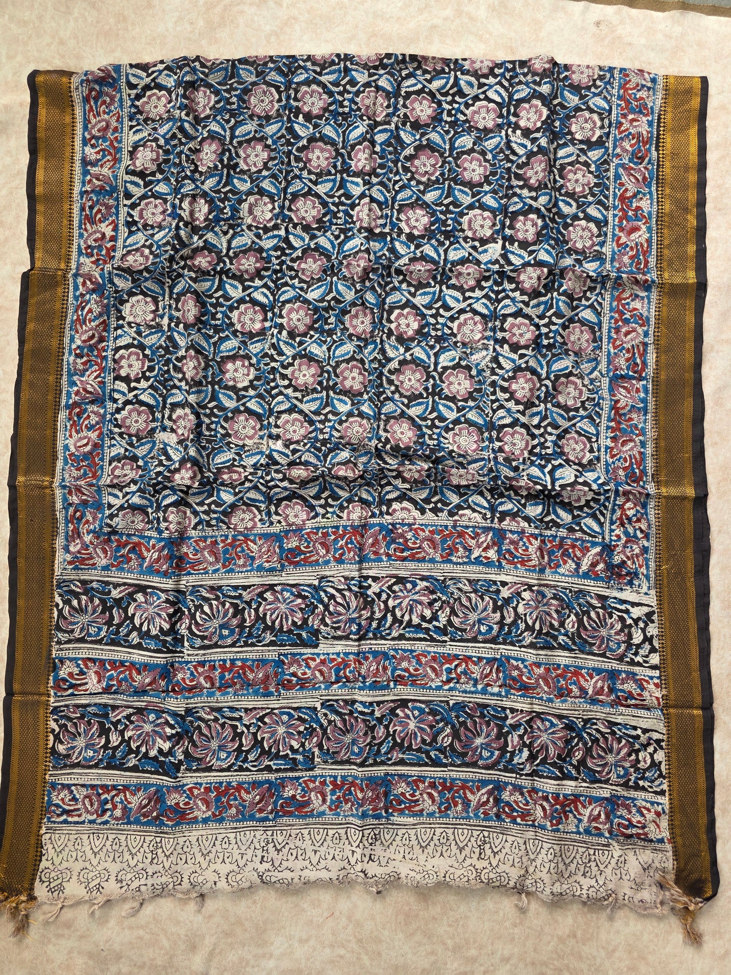 PPure chennuri handblock silk kalamkari with nizam border Dupatta - 10