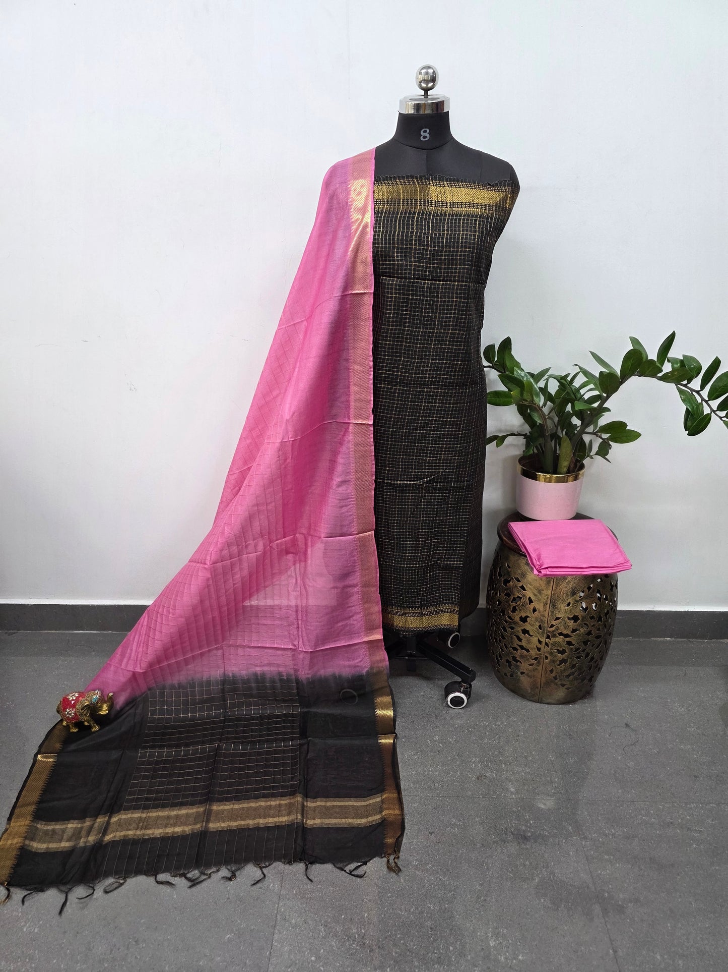 Checked Bhagalpuri fusion mangalagiri silk set - BA525