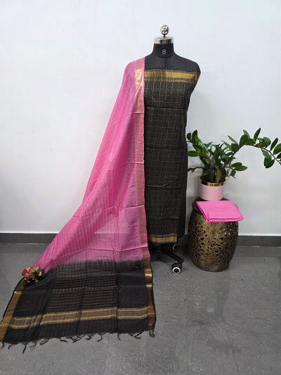 Checked Bhagalpuri fusion mangalagiri silk set - BA525