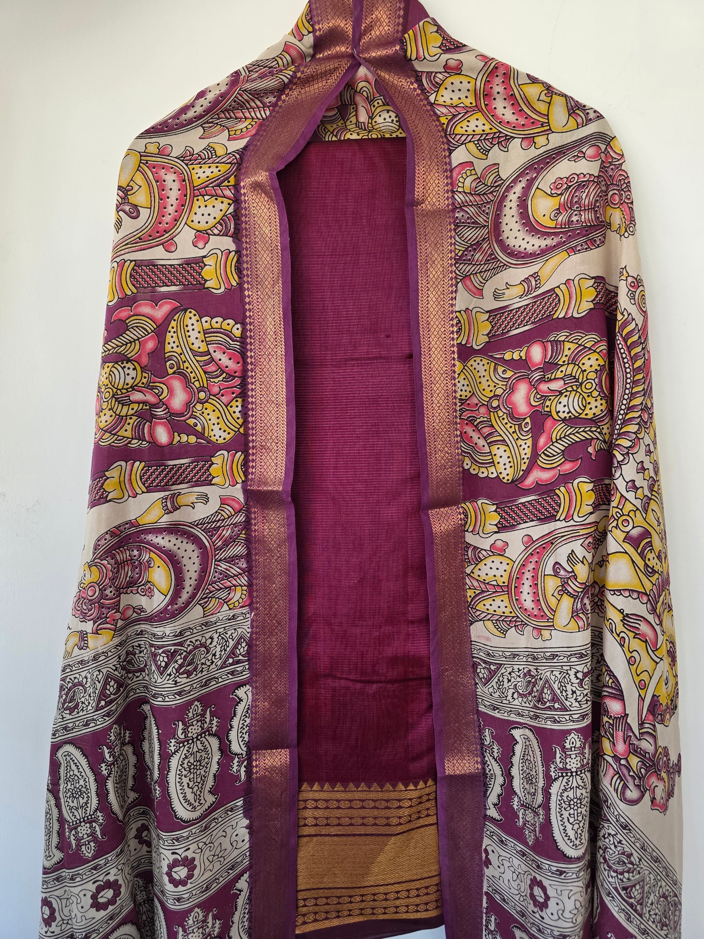 Handloom Mangalagiri silk kanchi border top with chennuri silk kalamkari shawl  - AK99
