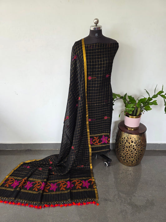Premium checked handloom linen jamdhani set (black)- JMM344