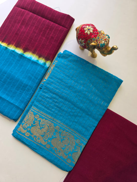 Madurai sungudi zari kattam salwar set - blue with maroon