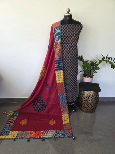 Handcrafted ajrakh cotton top with applique cotton shawl - BAA27