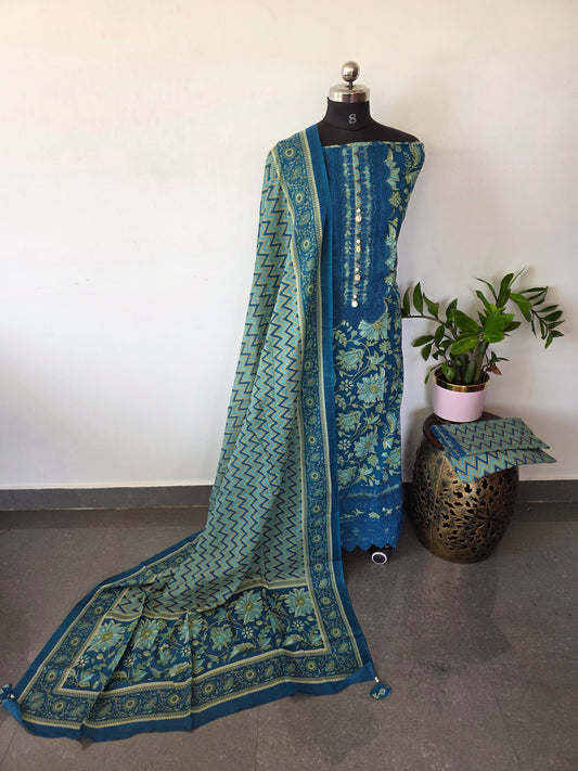 Handblock jaipuri cotton set with heavy lace work - JA781