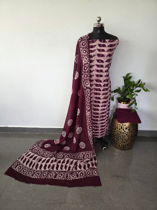 Dull patta kantha batik cotton set with mirror work - BA238